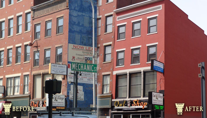 Building façade restored on Main Street, Worcester, MA.