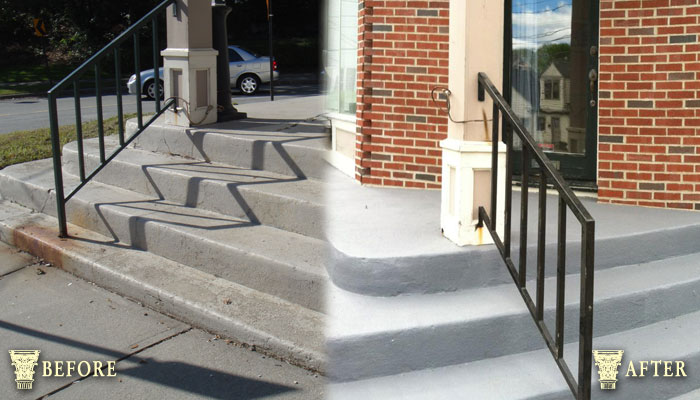 Concrete steps restored at building entrance, Chestnut St., Worcester.