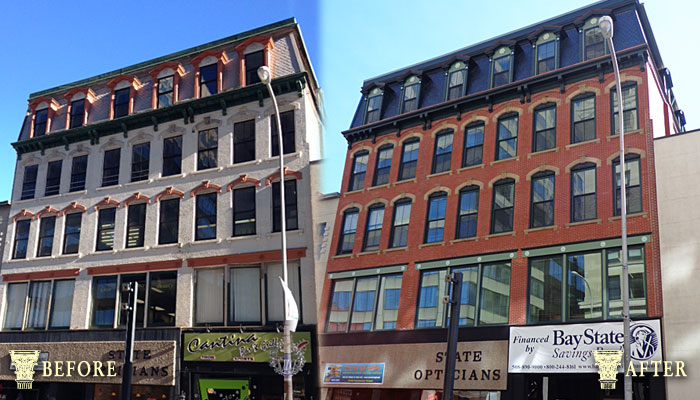 Buiiding fascia restored in downtown Worcester, MA.