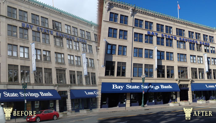 Façade of Bay State Savings Bank, Main Street, Worcester, MA.