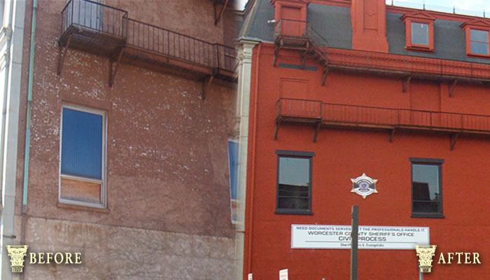 Building façade restored on Main Street, Worcester, MA.